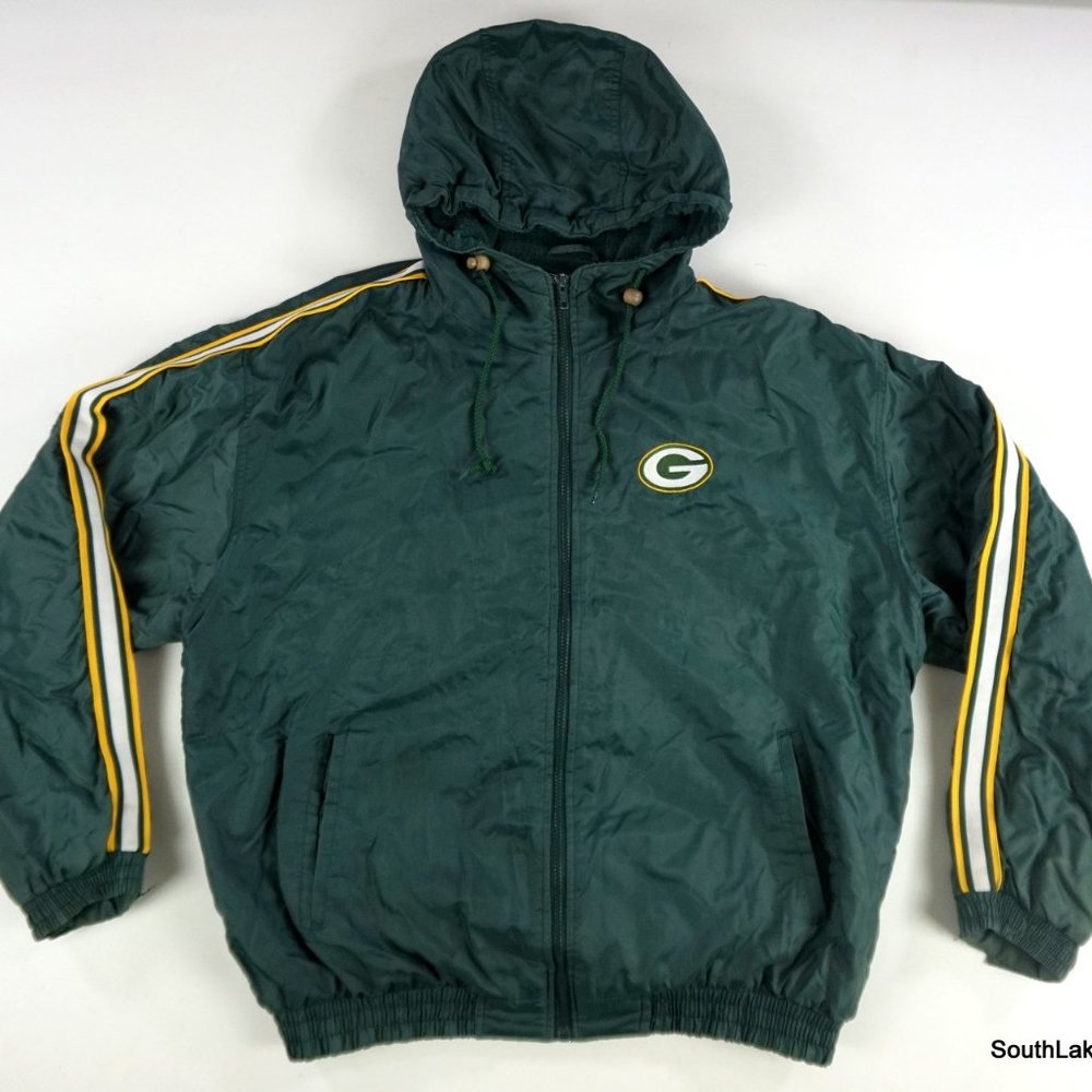 VTG Green Bay Packers Winter Jacket Full Zip Hooded XL Green Insulated Spotlight